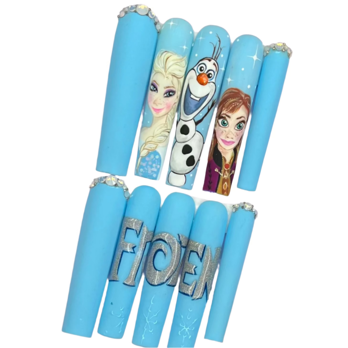 A set of blue press-on nails featuring hand-painted designs with animated characters from Frozen Movie