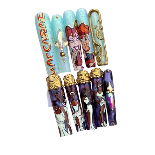 A set of colorful, hand-painted nail art designs featuring characters and patterns.